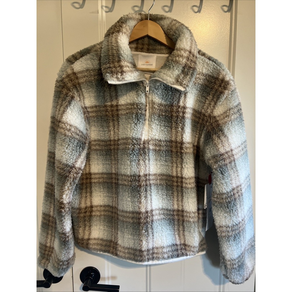 Lazy Sunday Cozy Cropped Sherpa Plaid Pullover Jacket Medium‎ Women